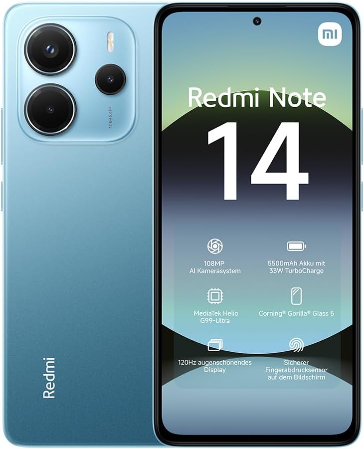 Xiaomi Redmi Note 14 Smartphone, 8 + 256 GB, Blue, 108 MP AI Camera System, 5500 mAh Battery, 120 Hz Eye Protection Display, AI Functions (Charger Not Included)