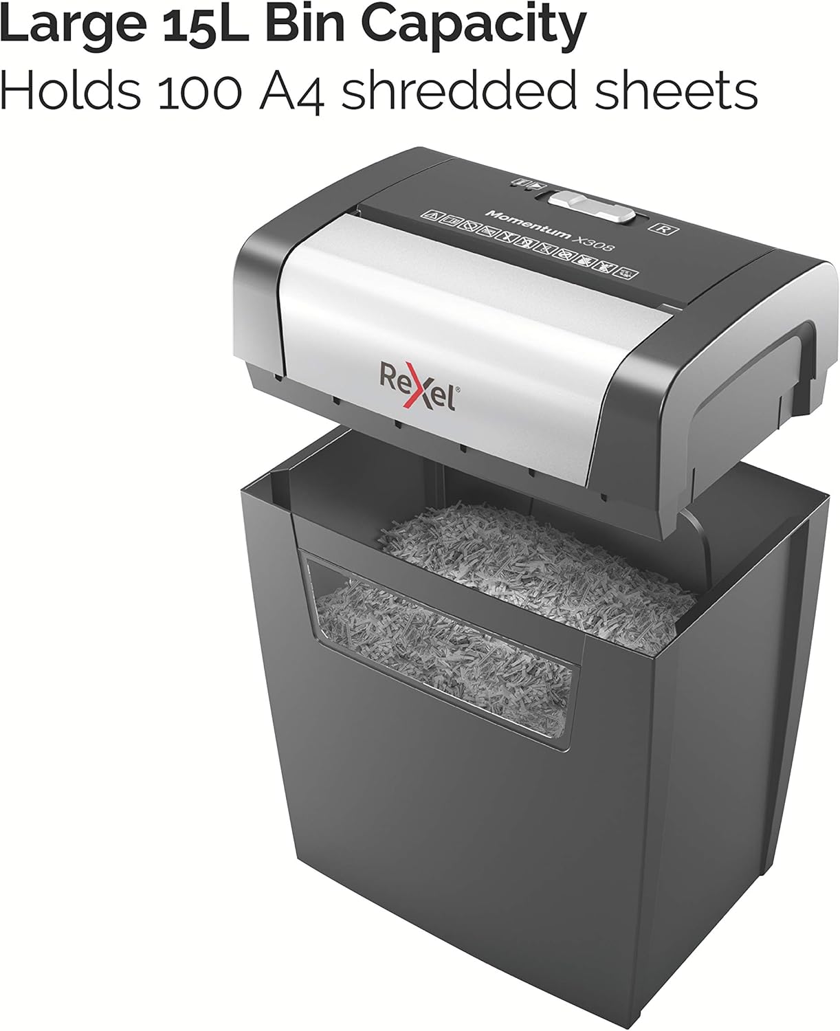 Rexel Momentum X308 Cross Cut Paper Shredder, Shreds 9-8 Sheets (70-80 gsm), 15 Litre Bin, Heavy Duty, Black, 2104570