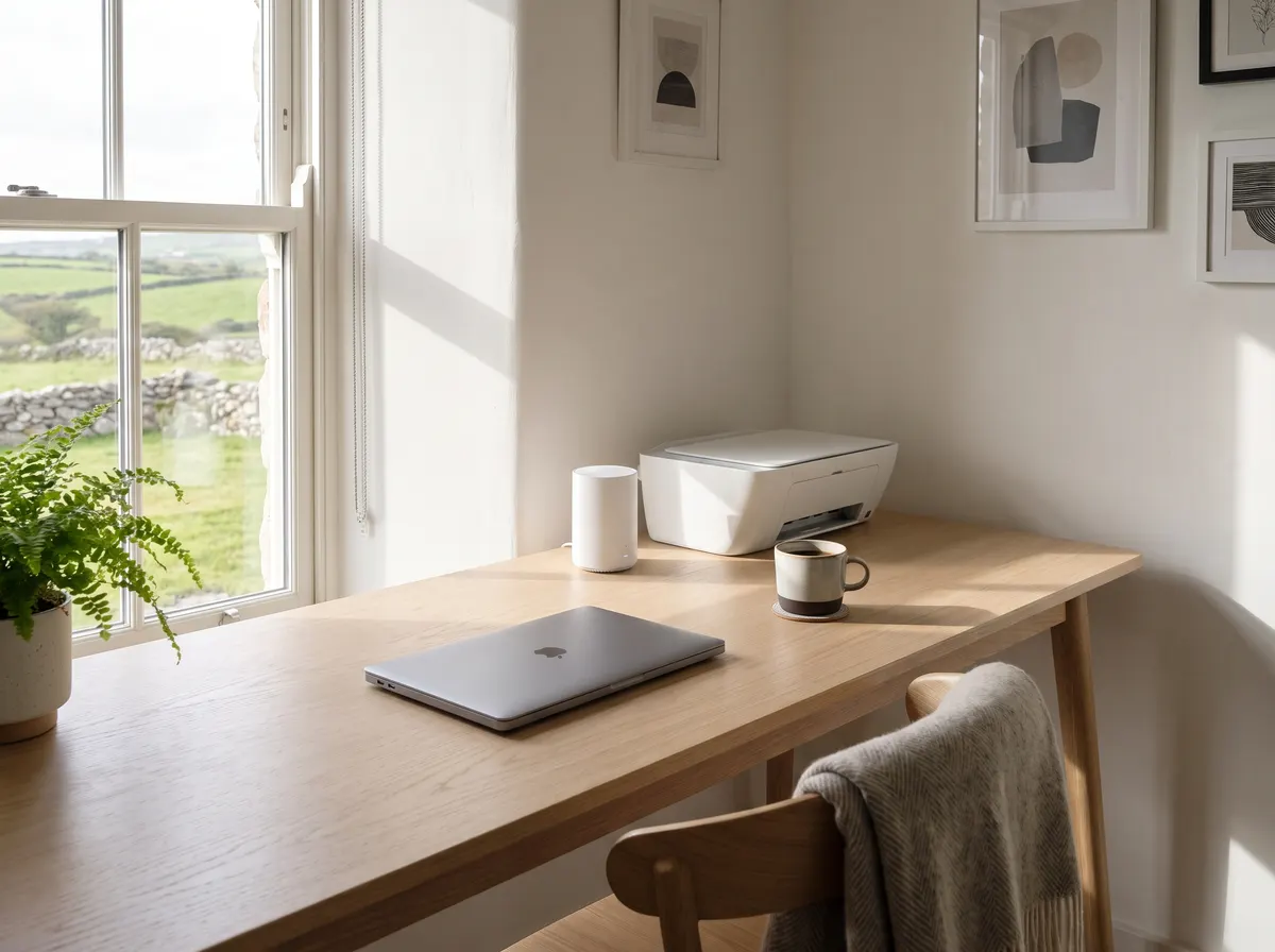 A laptop, router and printer set up on a bright home desk
