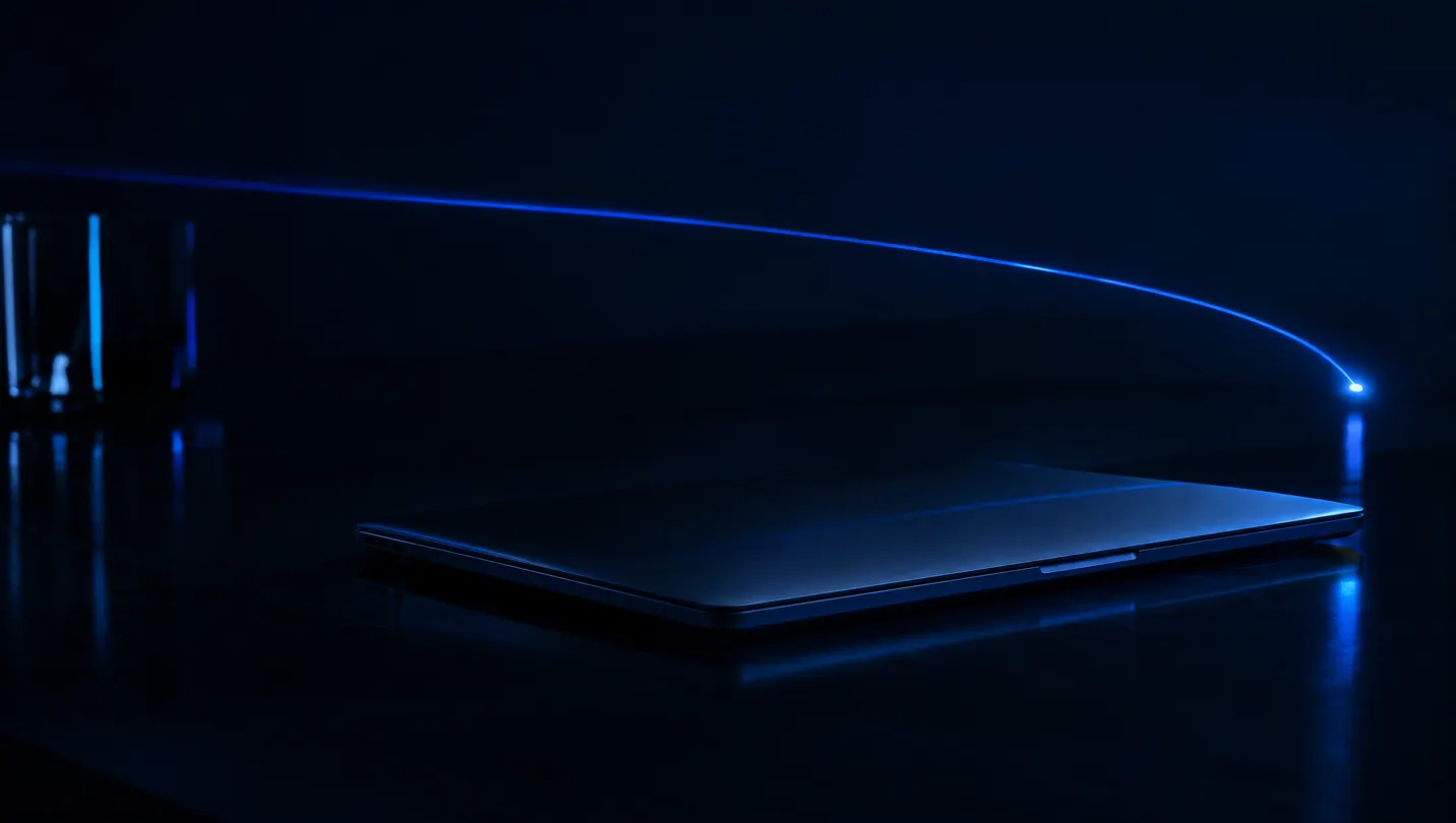 A closed laptop on a dark desk with a blue light trail running to a small glowing node