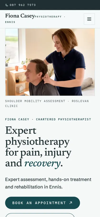 Fiona Casey Physiotherapy website on a phone