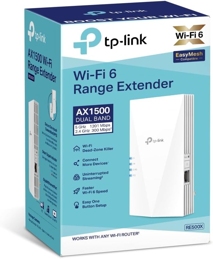 TP-Link RE500X WiFi 6 AX1500Mbps, WiFi Extender Booster, Internet Booster, Gigabit Ethernet Port, WiFi Booster Range Extender, EasyMesh, Access Point, WiFi Repeater, App Control Easy Setup, UK Plug