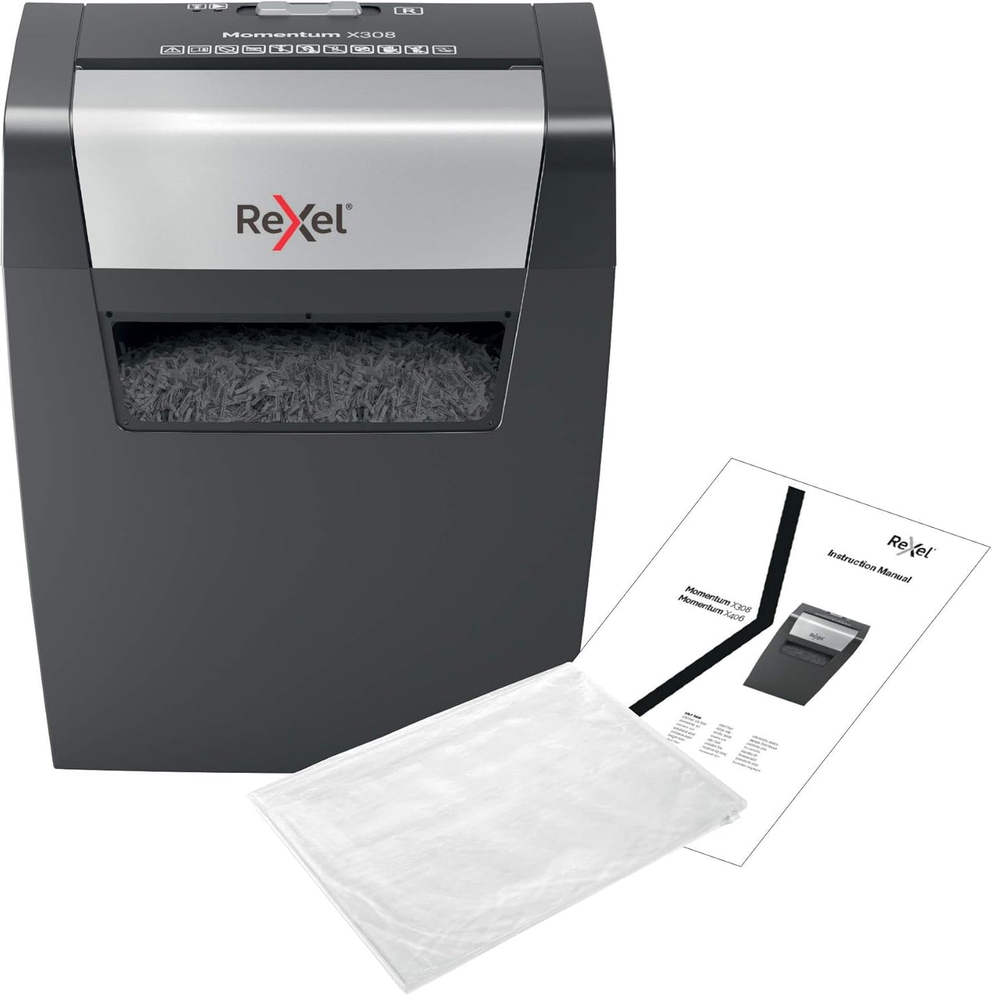 Rexel Momentum X308 Cross Cut Paper Shredder, Shreds 9-8 Sheets (70-80 gsm), 15 Litre Bin, Heavy Duty, Black, 2104570