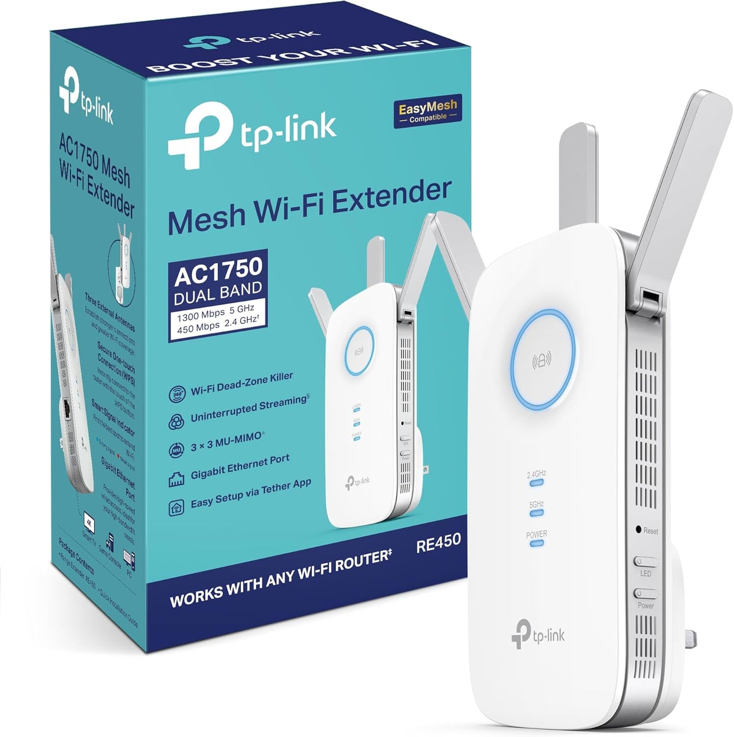 TP-Link AC1750 Universal Dual Band Range Extender, Broadband/Wi-Fi Extender, Wi-Fi Booster/Hotspot with 1 Gigabit Port and 3 External Antennas, Built-in Access Point Mode, UK Plug (RE450), White